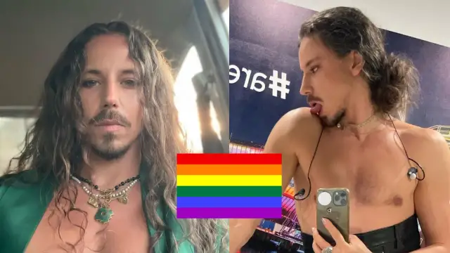 Michał Szpak w zielonej marynarce i z naszyjnikami, obok tęczowa flaga. Czy Michał Szpak ma żonę? Piosenkarz w lustrze.