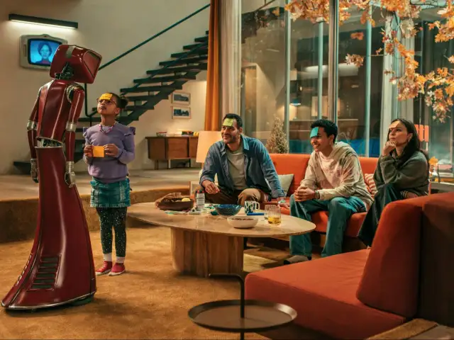 Rodzina gra w grę z robotem z serialu "Lab serial TVN". Na czołach mają karteczki z zagadkami.
