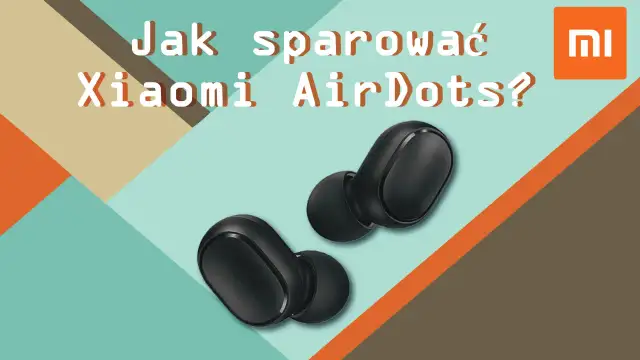 Dwa czarne słuchawki Xiaomi AirDots na geometrycznym tle.