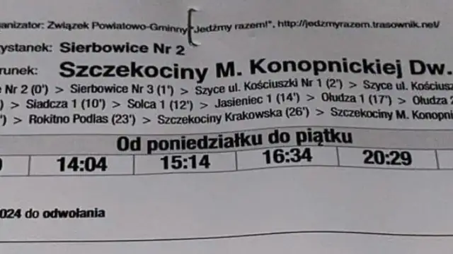 Fragment rozkładu jazdy PKS z godzinami odjazdów: 14:04, 15:14, 16:34, 20:29.