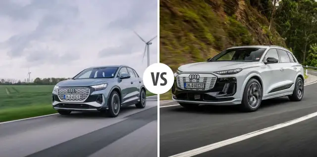 Dwa modele Audi e-tron: szary SUV na tle wiatraków i biały SUV na krętej drodze.