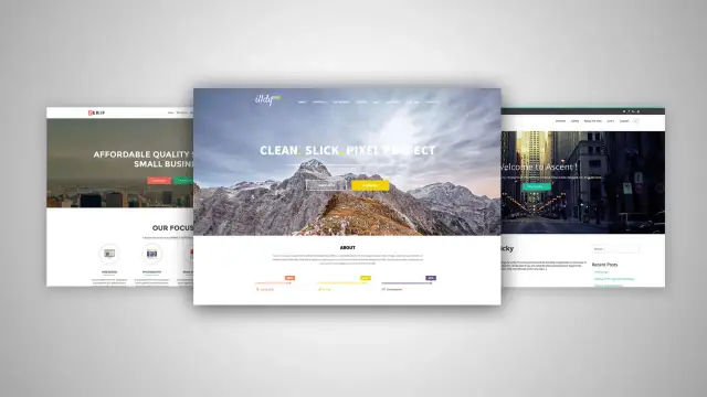 Szablony stron internetowych WordPress: trzy przykładowe strony z motywami dla biznesu, fotografii i nowoczesnego designu.