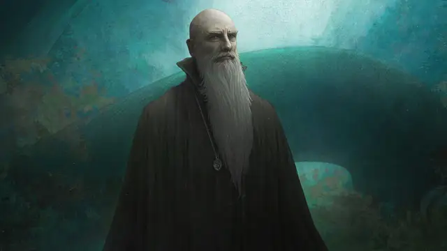 Starzec z siwą brodą i łysą głową, w czarnej szacie, z medalionem z literą S. Jego surowe rysy twarzy i spojrzenie zdają się odzwierciedlać slyntherin cechy: ambicję i determinację.