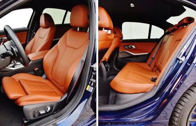 Wnętrze BMW z brązową skórzaną tapicerką foteli.