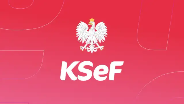 Biały orzeł na czerwonym tle z napisem KSeF.