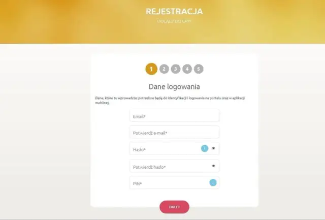 Formularz rejestracji do gry w lotto online. Wpisz dane logowania: email, hasło i PIN.