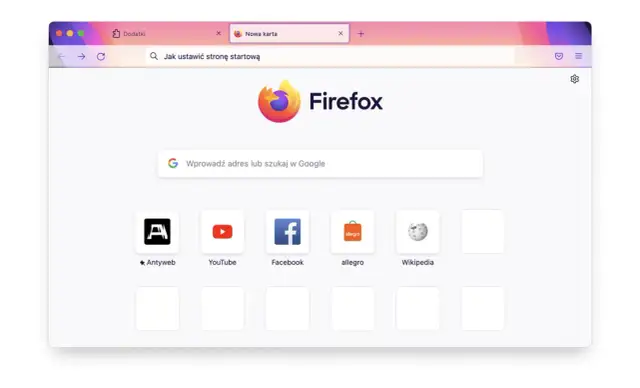 Przeglądarka Firefox z paskiem wyszukiwania "Jak ustawić stronę startową". Widoczne ikony ulubionych stron: Antyweb, YouTube, Facebook, Allegro, Wikipedia.