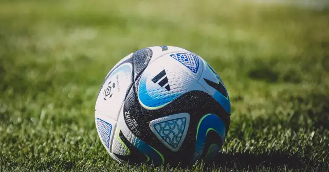 Piłka nożna na zielonej trawie, z widocznymi detalami i logo Adidas.