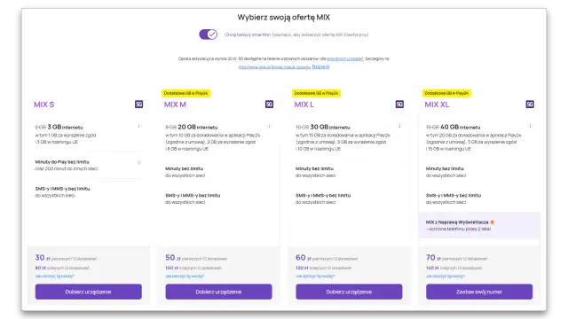 Oferty MIX S, M, L, XL z pakietem solo m play. Wybierz swój plan internetowy i minuty.