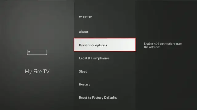 Fire TV Stick Menü mit hervorgehobenen "Developer options" und Text "Enable ADB connections over the network.