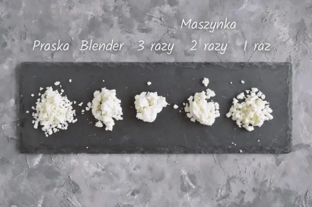 Kolaże sera zmielonego na sernik różnymi metodami: praska, blender, maszynka 1, 2, 3 razy.