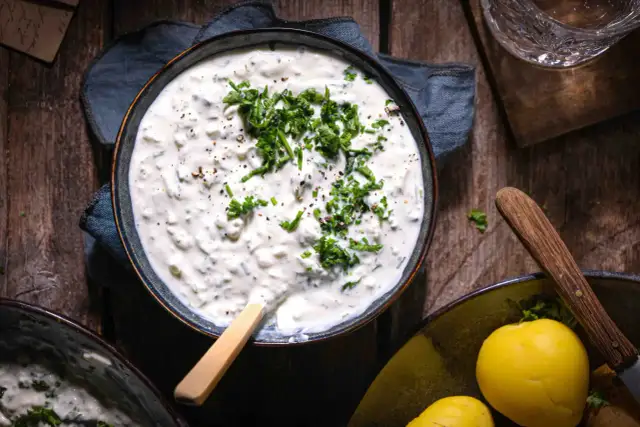 Herzhaftes Gericht mit Kartoffeln und cremigem Quark, garniert mit frischen Kräutern und Pfeffer. Ein Klassiker, der immer schmeckt.
