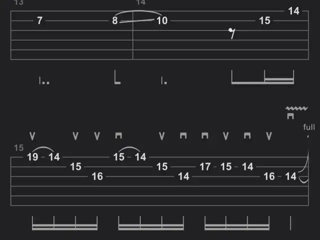 Fragment tabulatury gitarowej z nutami i oznaczeniami, w tym "fade to black tab".