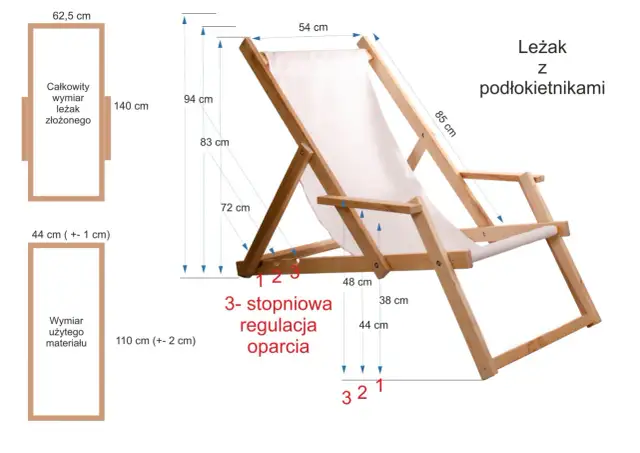 Drewniany leżak z podłokietnikami i wymiarami, z zaznaczoną regulacją oparcia.