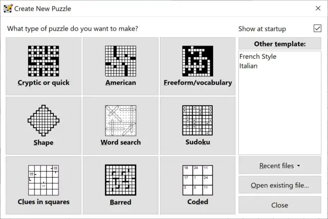 Interfejs programu do tworzenia krzyżówek. Wybór typu łamigłówki, np. "Cryptic or quick", "American", "Freeform/vocabulary", "Shape", "Word search", "Sudoku", "Clues in squares", "Barred", "Coded". Pokazuje, jak działają algorytmy w generatorach krzyżó...