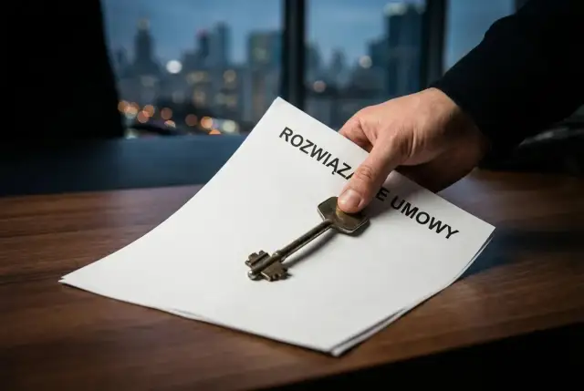 Dłoń kładzie klucz na dokumencie "Rozwiązanie umowy". Konsekwencje porzucenia pracy mogą być dalekosiężne.
