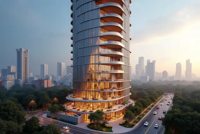 Nowoczesny wieżowiec Antilia Tower w mieście, otoczony zielenią i drogą z samochodami.