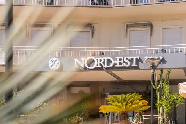 Hotel Nord Est sign with a compass logo and five stars, framed by palm fronds.