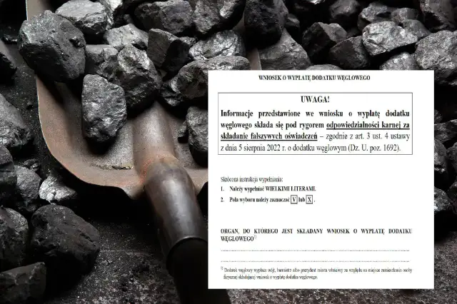 Wniosek o dodatek węglowy dla mieszkańców bloku, obok łopaty i węgla.