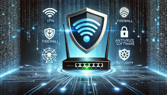 Router z tarczą Wi-Fi i ikonami bezpieczeństwa: VPN, Firewall, Antywirus, Security. Cyfrowy świat i kod w tle.