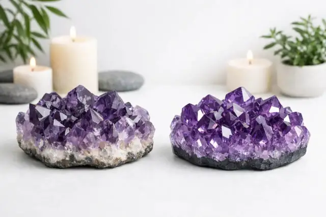 Zwei Amethyst-Geoden, die für ihre beruhigende und spirituelle Amethyst Bedeutung bekannt sind, stehen neben Kerzen und Pflanzen.