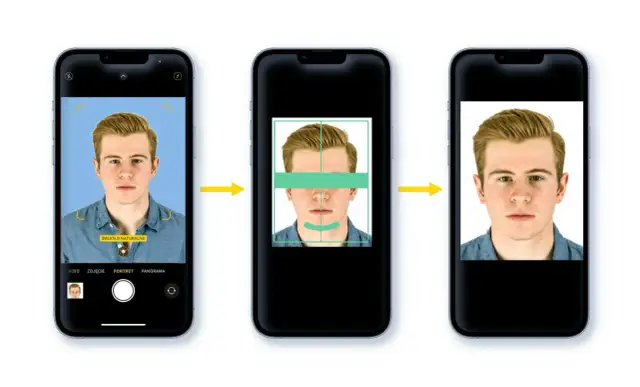 Jak zrobic zdjecie do dowodu iPhonem? Trzy ekrany pokazują proces: zdjęcie z niebieskim tłem, kadrowanie twarzy i gotowe zdjęcie.