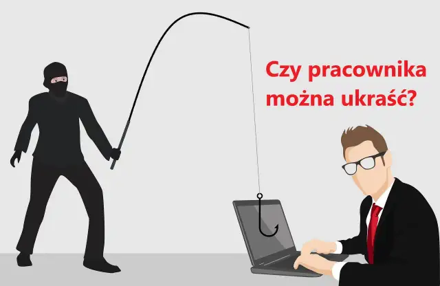 Złodziej w masce próbuje "ukraść" pracownika, który pracuje przy laptopie. Ilustracja symbolizuje nieuczciwą konkurencję i podkradanie talentów.