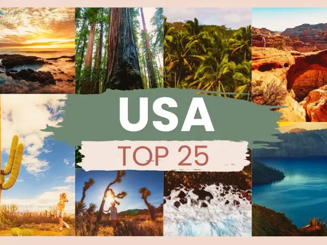 Kolaż zdjęć z USA: zachód słońca nad oceanem, sekwoje, palmy, kaniony, kaktusy, pustynia, lodowe formacje i jezioro.