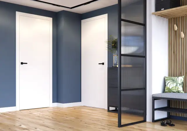 Nowoczesne drzwi Porta Vector U w holu z przeszkloną ścianką działową i ławką.