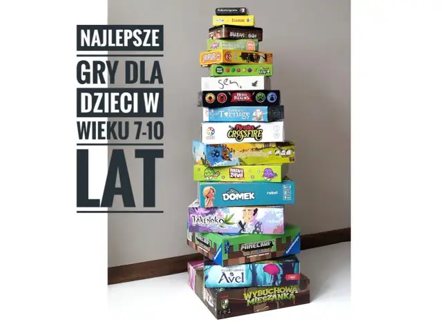 Stos gier planszowych dla dzieci, w tym gra detektywistyczna "Sabotażysta". Idealne na prezent dla młodych odkrywców.