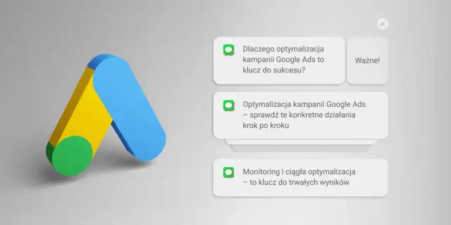 Logo Google Ads i powiadomienia o optymalizacji kampanii Google Ads: klucz do sukcesu, konkretne działania i trwałe wyniki.