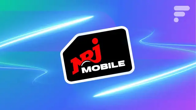 Carte SIM NRJ Mobile, un opérateur eSIM, sur fond bleu électrique avec des traînées lumineuses.