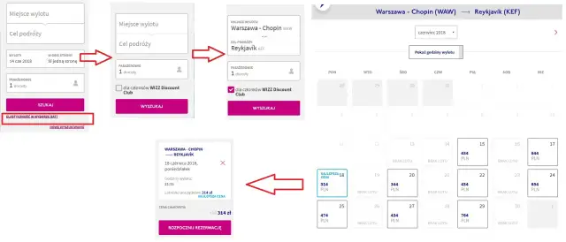 Zrzut ekranu z procesu rezerwacji lotów Wizz Air, pokazujący wybór daty i ceny.