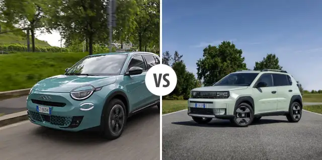 Dwa nowe fiat modele: zielony Fiat 500e i jasnoszary Fiat Panda 4x4.