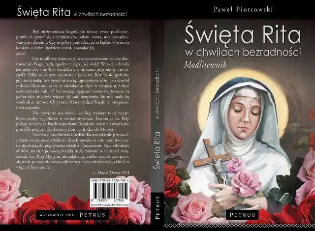 Święta Rita w chwilach beznadziei. Modlitewnik z wizerunkiem świętej i różami, pomoc w trudnych i niemożliwych sprawach.