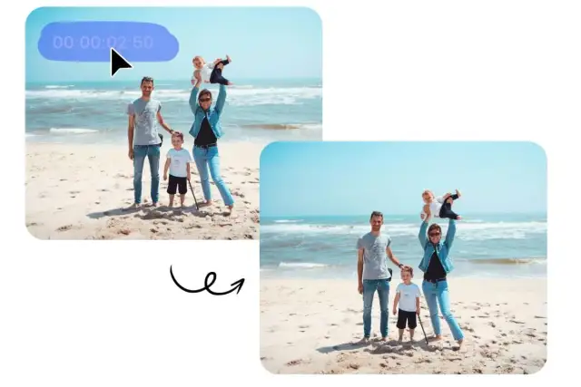 Rodzina na plaży, edycja wideo. Usunięto niechciany element z kadru, aby uzyskać idealne zdjęcie bez znaku wodnego.