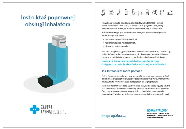 Instruktaż poprawnej obsługi inhalatora. Prawidłowa technika jest kluczowa dla skuteczności leczenia, zwłaszcza przy astmie. Farmaceuta pomoże opanować prawidłowe użycie inhalatora, np. typu aspulmo.