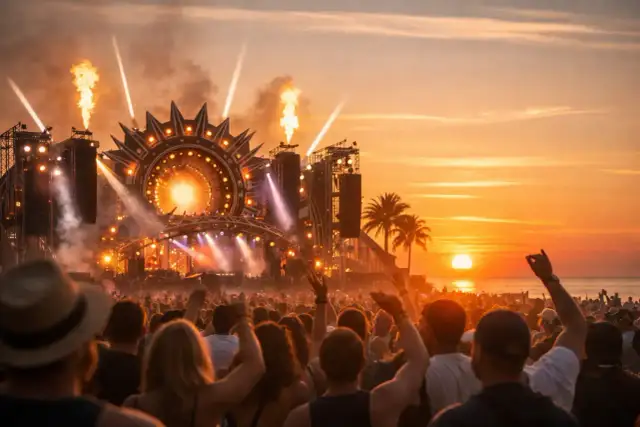 Tłum ludzi na plaży, płomienie buchające ze sceny, zachód słońca i muzyka na Sunrise Festival 2026.