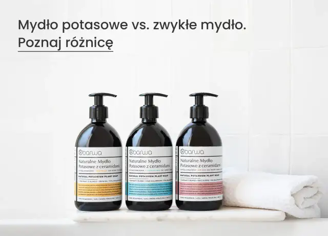 Trzy butelki naturalnego mydła potasowego z ceramidami marki Barwa. Poznaj zalety i wady szarego mydła dla skóry wrażliwej.