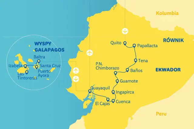 Mapa pokazuje położenie Ekwadoru, z zaznaczonymi miastami jak Quito, Guayaquil, Cuenca oraz Wyspami Galapagos.