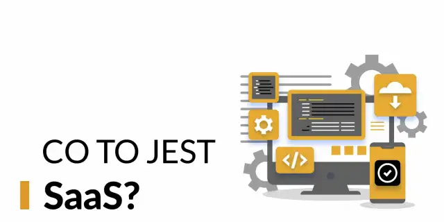 CO TO JEST SaaS? Ikony symbolizują chmurę, kod, ustawienia i telefon, ilustrując działanie usług w chmurze.