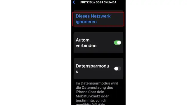 iPhone-Einstellungen: "Dieses Netzwerk ignorieren" Option hervorgehoben.