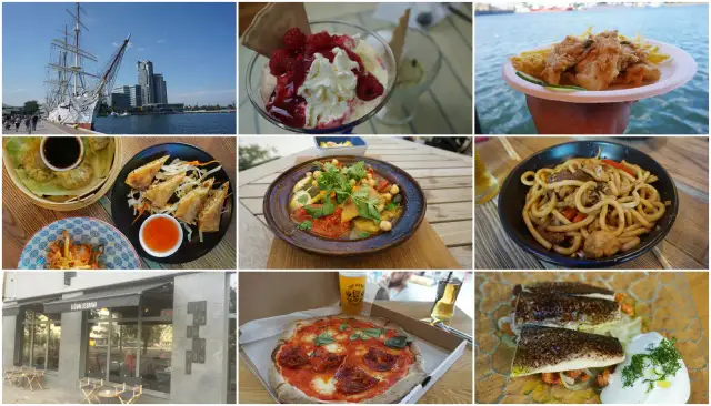 Gdynia: kolaż zdjęć jedzenia - ryba, pizza, deser, pierożki, makaron i fasada restauracji.