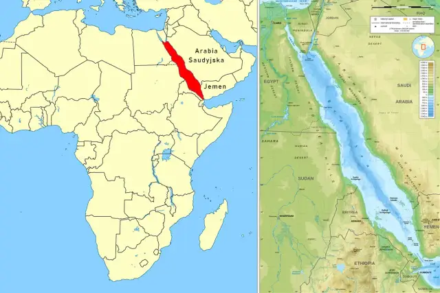 Mapa przedstawiająca Morze Czerwone między Egiptem, Arabią Saudyjską i Jemenem.