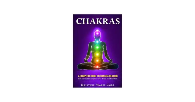 Okładka książki "Chakras" z sylwetką w pozie medytacyjnej i kolorowymi czakrami.
