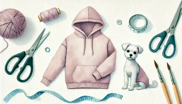 Jak zrobić ubranko dla psa z bluzy? Potrzebne: różowa bluza, nożyczki, nitka, miarka, guziki i uroczy piesek.
