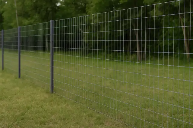 Solidne, ciemne słupki do siatki leśnej, idealne do zabezpieczenia terenu. Siatka z drobnymi oczkami, mocowana do słupków, tworzy trwałe ogrodzenie.