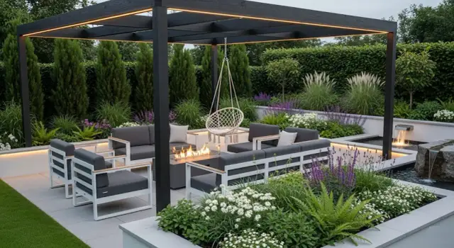 Elegantes patios modernos con asientos modulares, hoguera, columpio y cascada.
