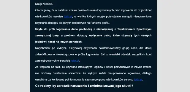 Fragment tekstu informujący o nieautoryzowanych próbach logowania do serwisu lotto.pl.