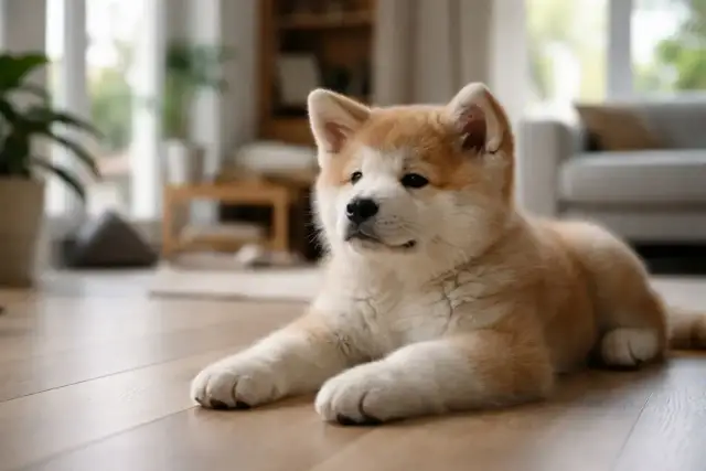 Szczenię rasy Akita Inu leży na drewnianej podłodze w przytulnym wnętrzu.